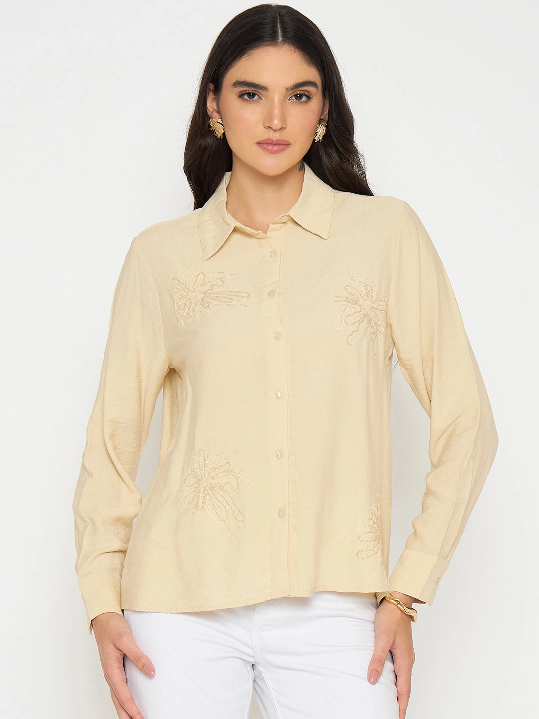 Breathable back panel Madame Embellished Beige Rayon Blend Shirt