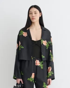Ergonomic Pattern Cutting Daywear Vally - Cropped Silk Twill Shirt - Off Black/Roses