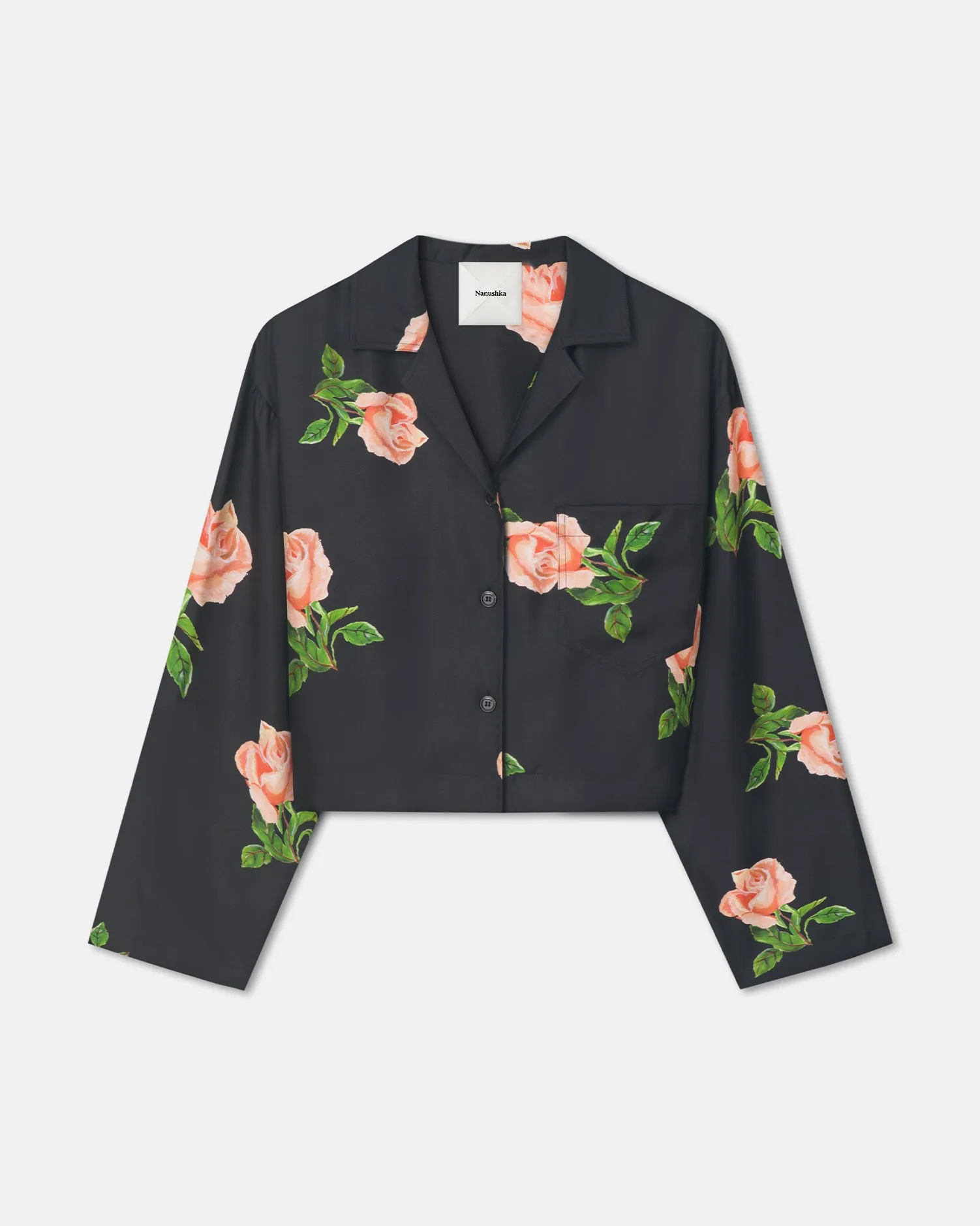 Vally - Cropped Silk Twill Shirt - Off Black/Roses Temperature Regulating Blend hiking clothes