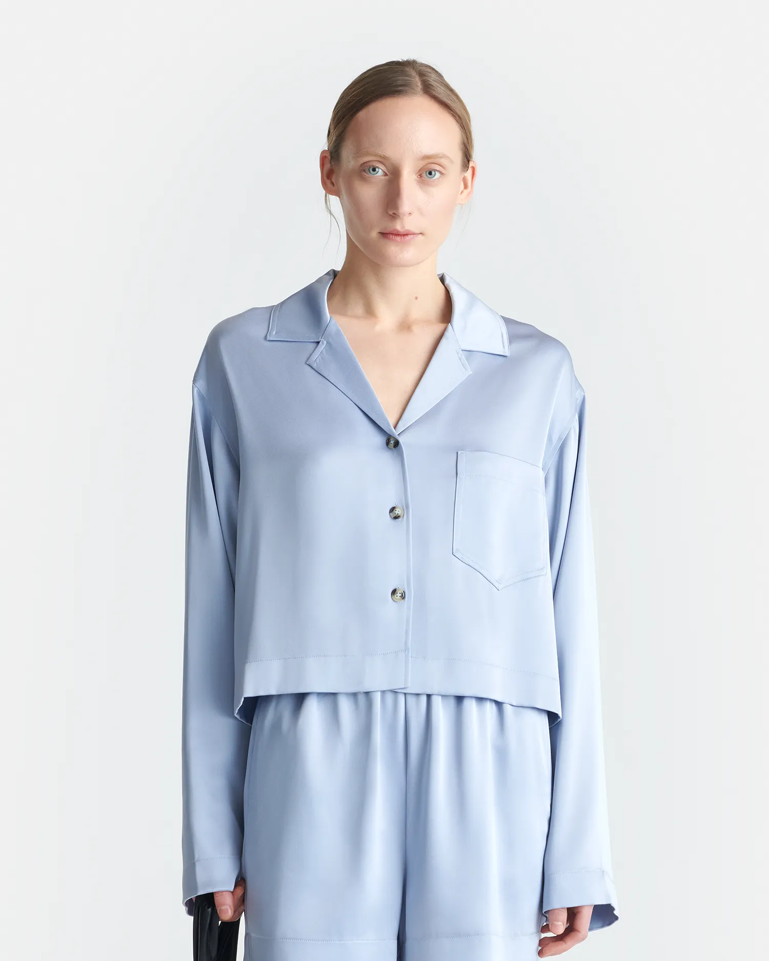 windproof Vally - Cropped Slip Satin Shirt - Ice Blue
