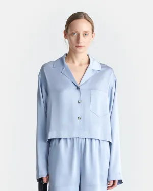 Vally - Cropped Slip Satin Shirt - Ice Blue Warm Look Slim Waist