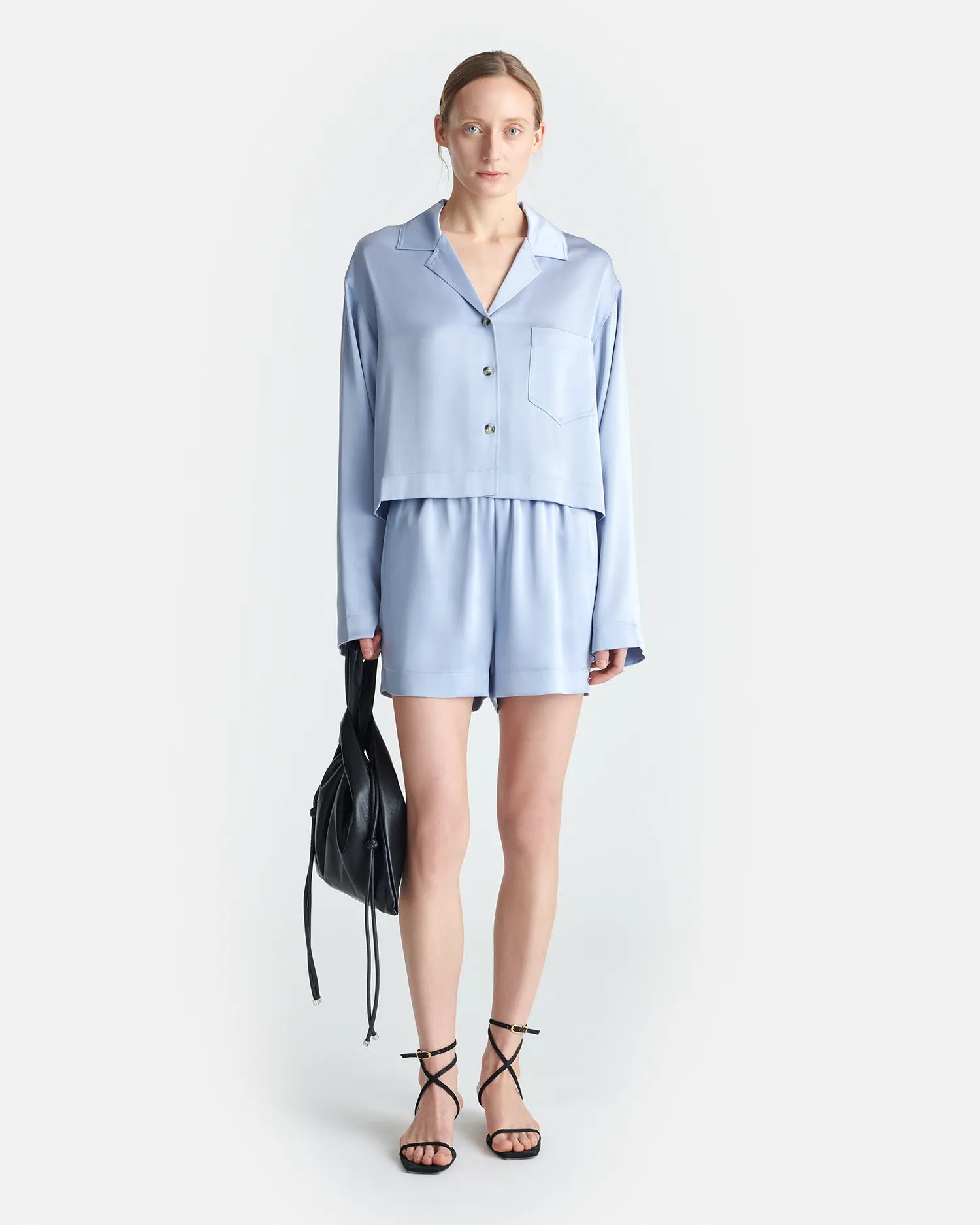 Vally - Cropped Slip Satin Shirt - Ice Blue Outdoor Use fall shorts
