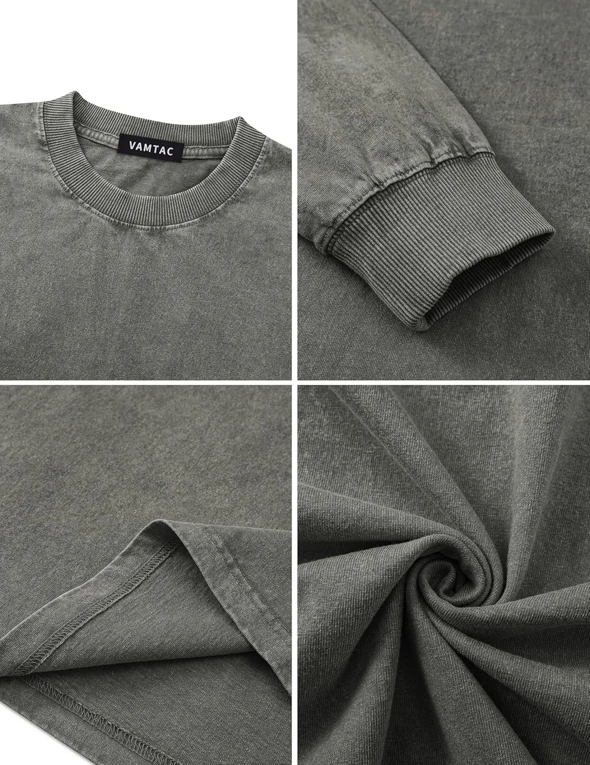 Vamtac Long Sleeve Shirts For Men Oversized Crewneck Sweatshirt Casual Acid Wash Tshirt Cotton T-Shirts Unisex Pullover Top