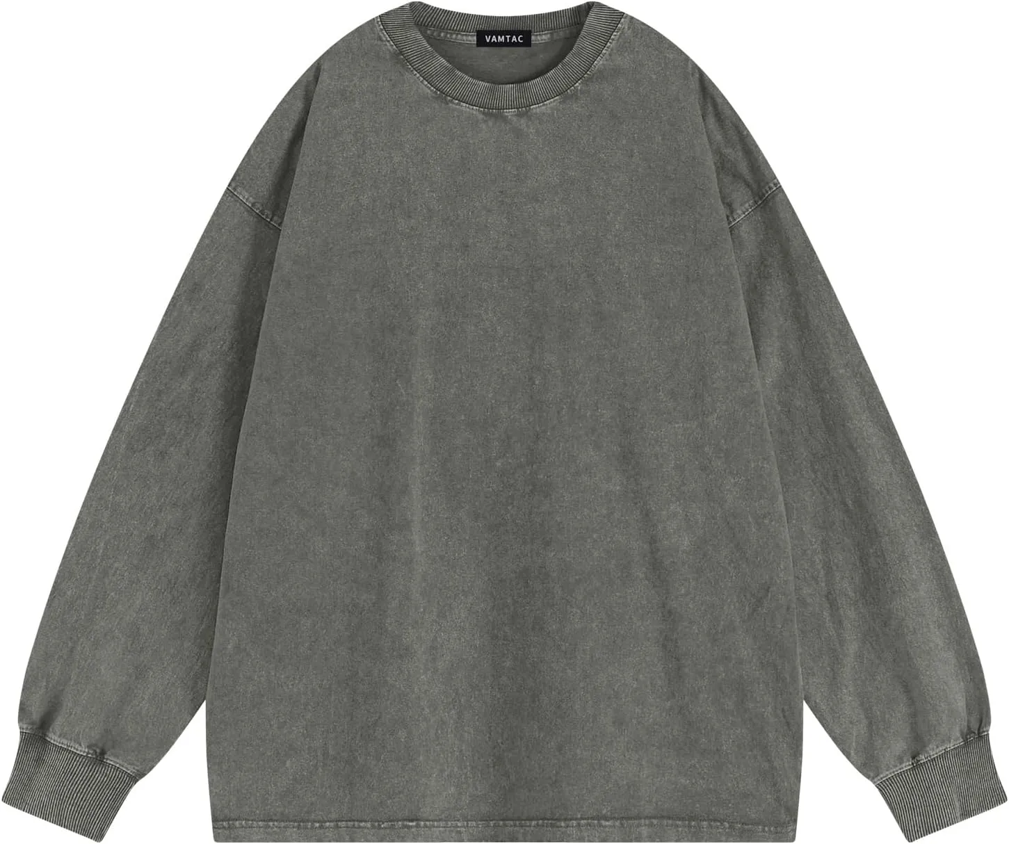 Vamtac Long Sleeve Shirts For Men Oversized Crewneck Sweatshirt Casual Acid Wash Tshirt Cotton T-Shirts Unisex Pullover Top