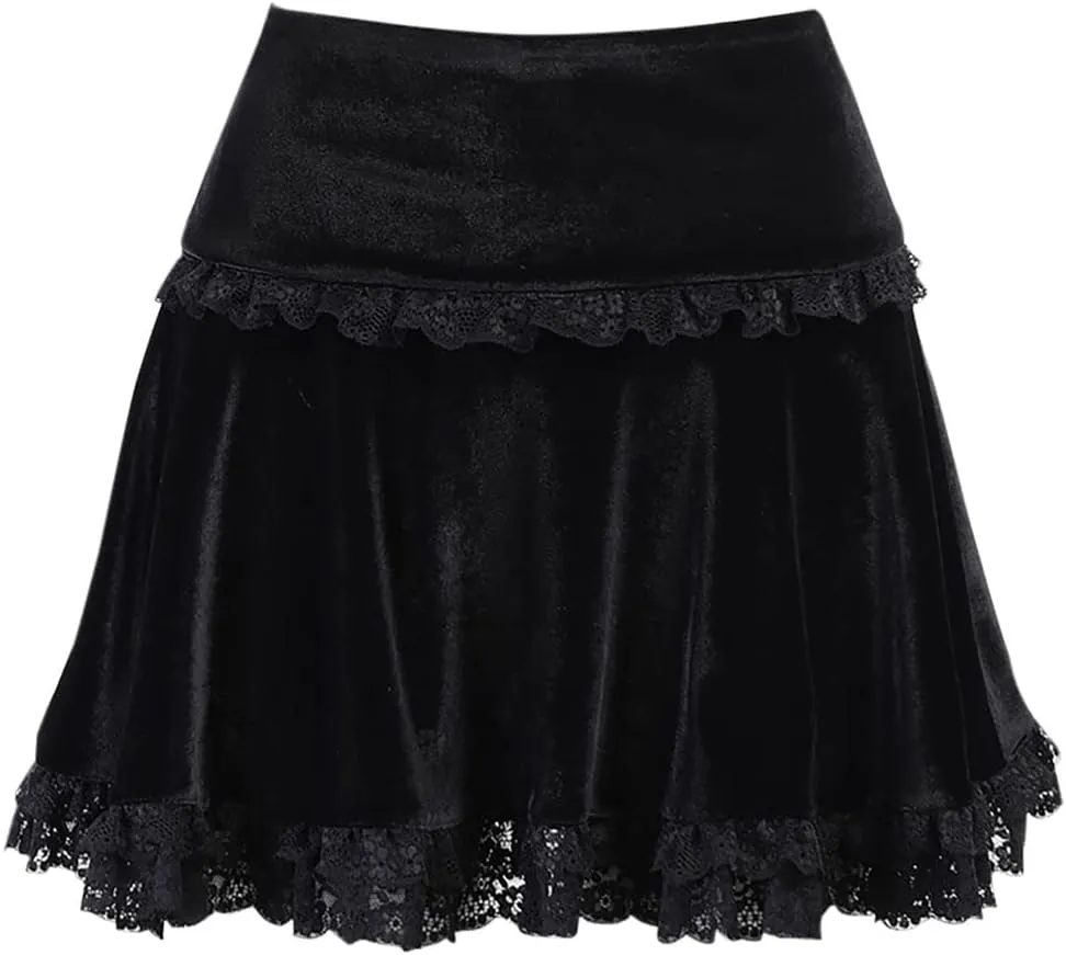 Velvet Lace Little Mini Skirts for Women High Waist Casual Ruffle Skirt Y2k Punk Goth Party