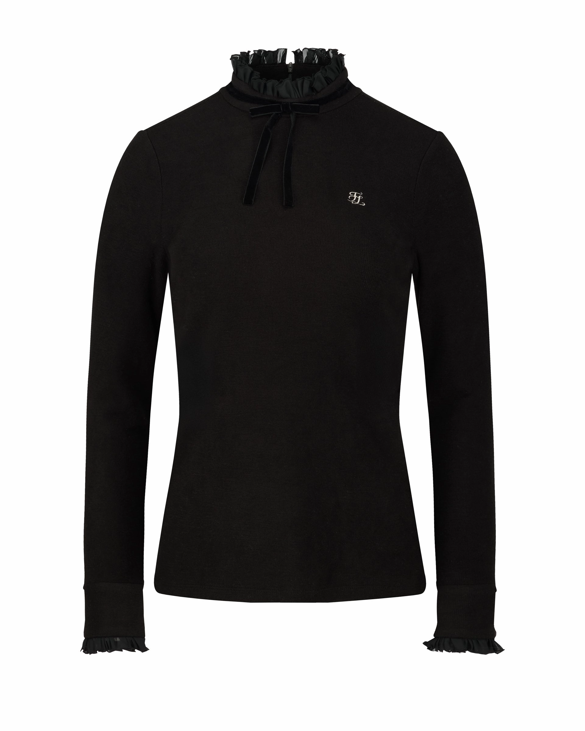 Elasticated Hem Velvet ribbon pleated T-shirt - Black