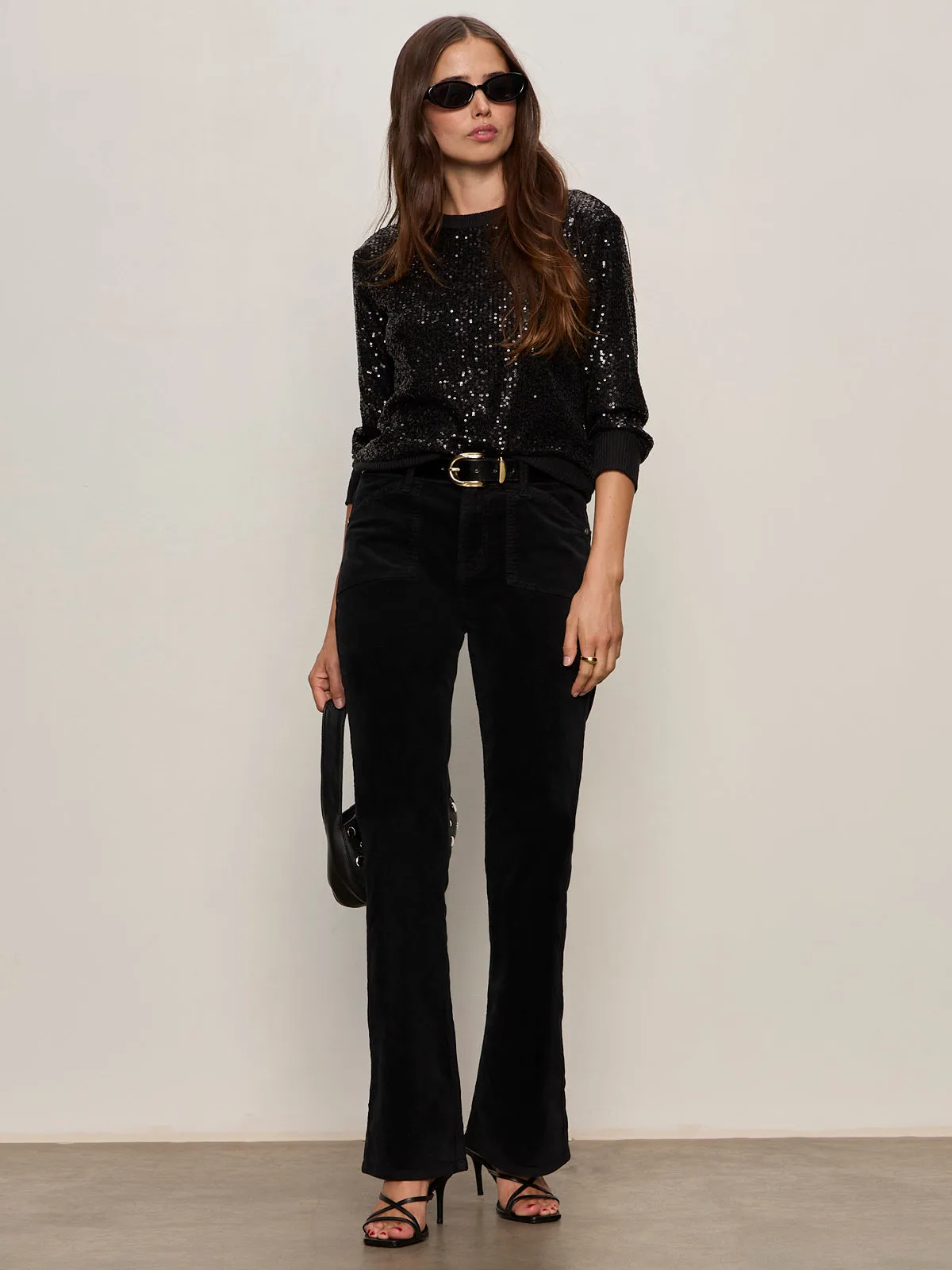 DoubleLayered Collar Reinforced Neckline Velveteen Brook Bootcut Pant Black Petite Sizing