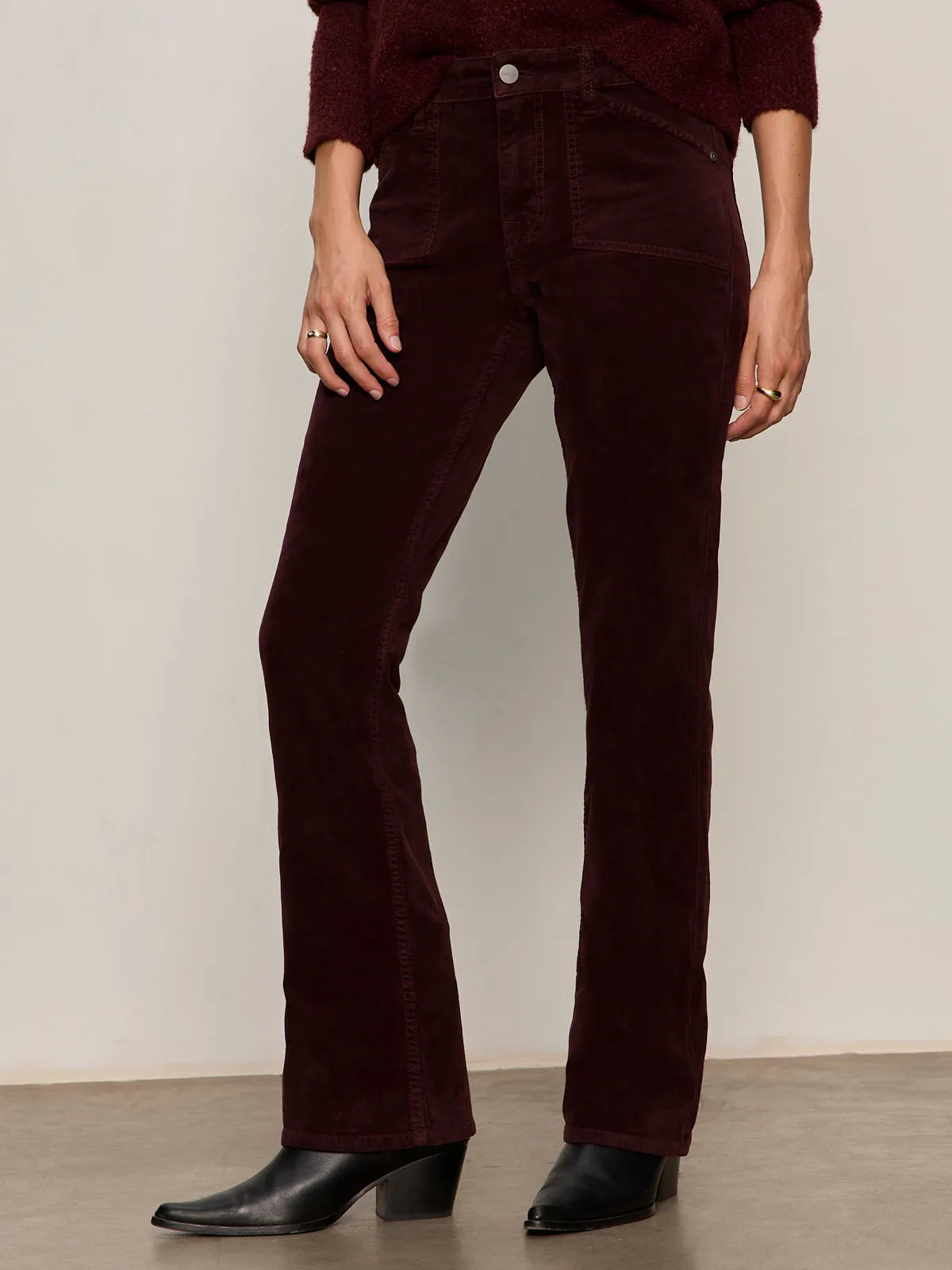 Double Layered Fabric Velveteen Brook Bootcut Pant Dark Crimson Petite Sizing