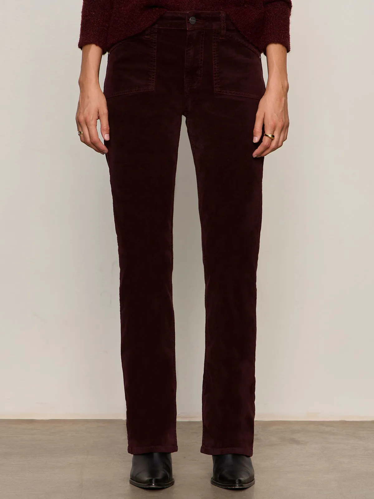 Temperature Regulating Fabric Velveteen Brook Bootcut Pant Dark Crimson Petite Sizing