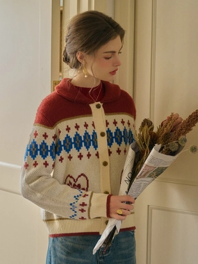 Zero Waste Production Biodegradable material Samira Vintage Lapel SR Exclusive Design Rose Jacquard Fair Isle Cardigan