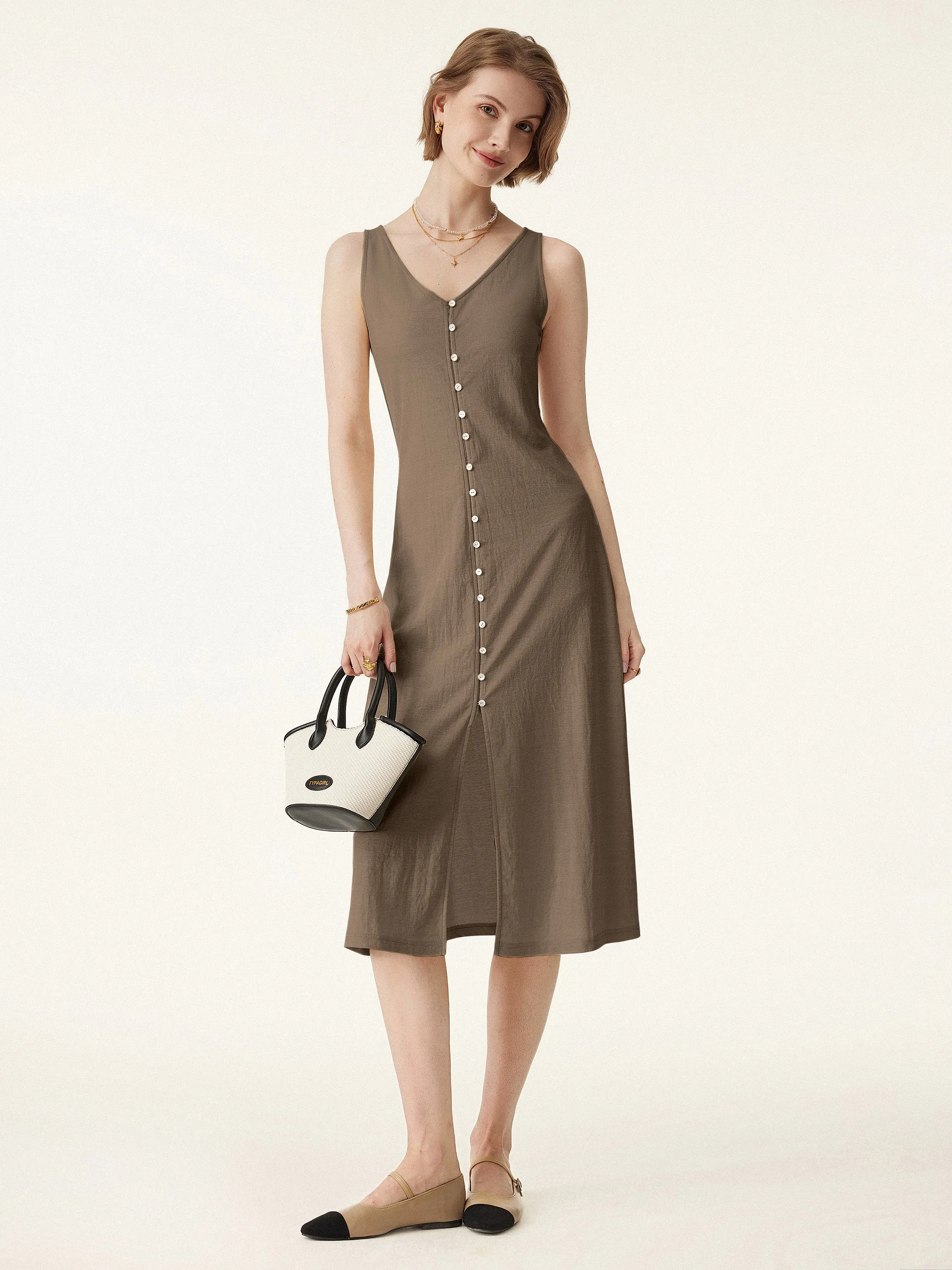Multi-wear V-neck Button Front Midi Vest Dress Tailored Cut