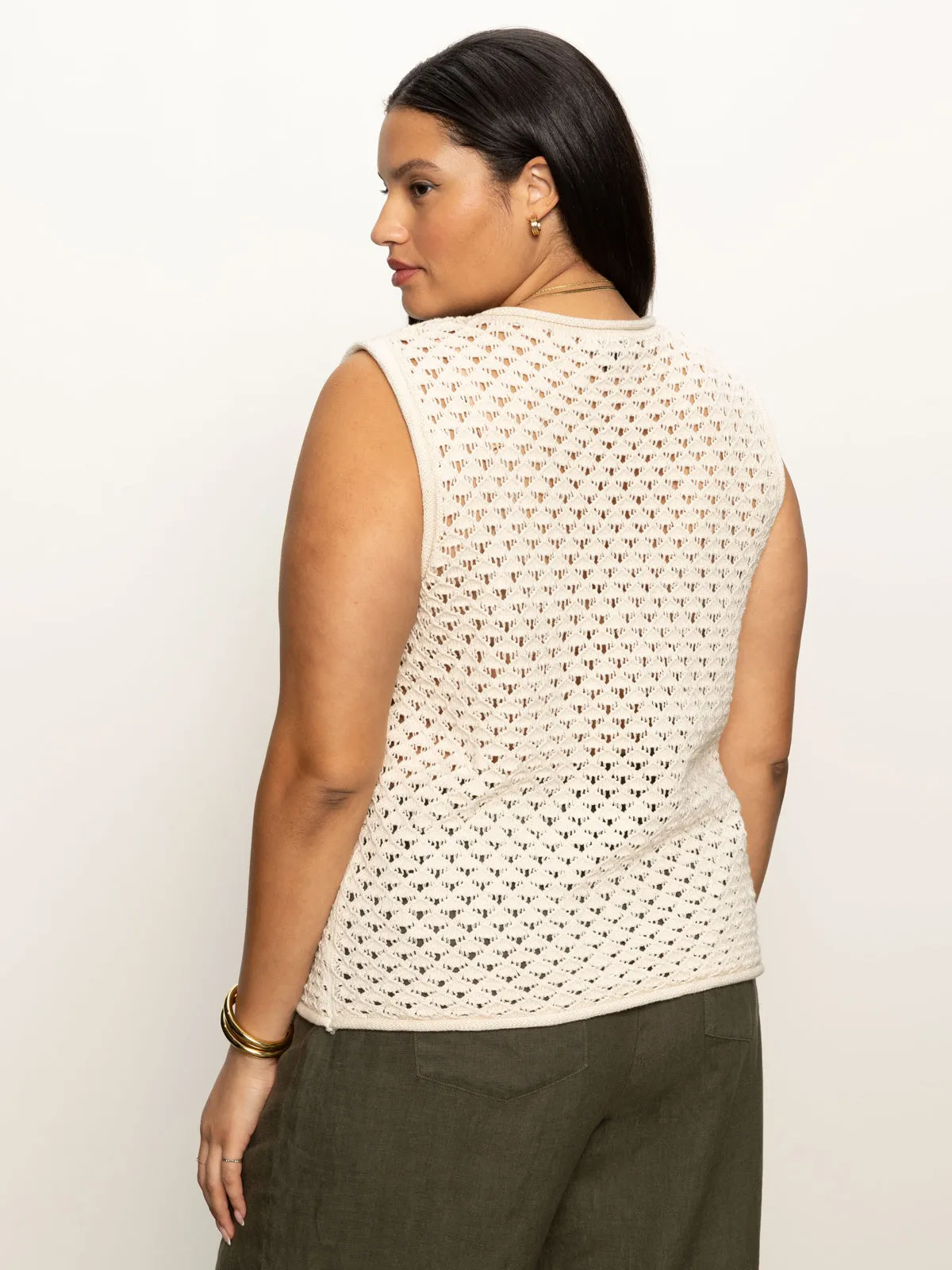 Comfortable Touch MoistureWicking Crochet Shell Sweater Eco Natural Extended Sizing