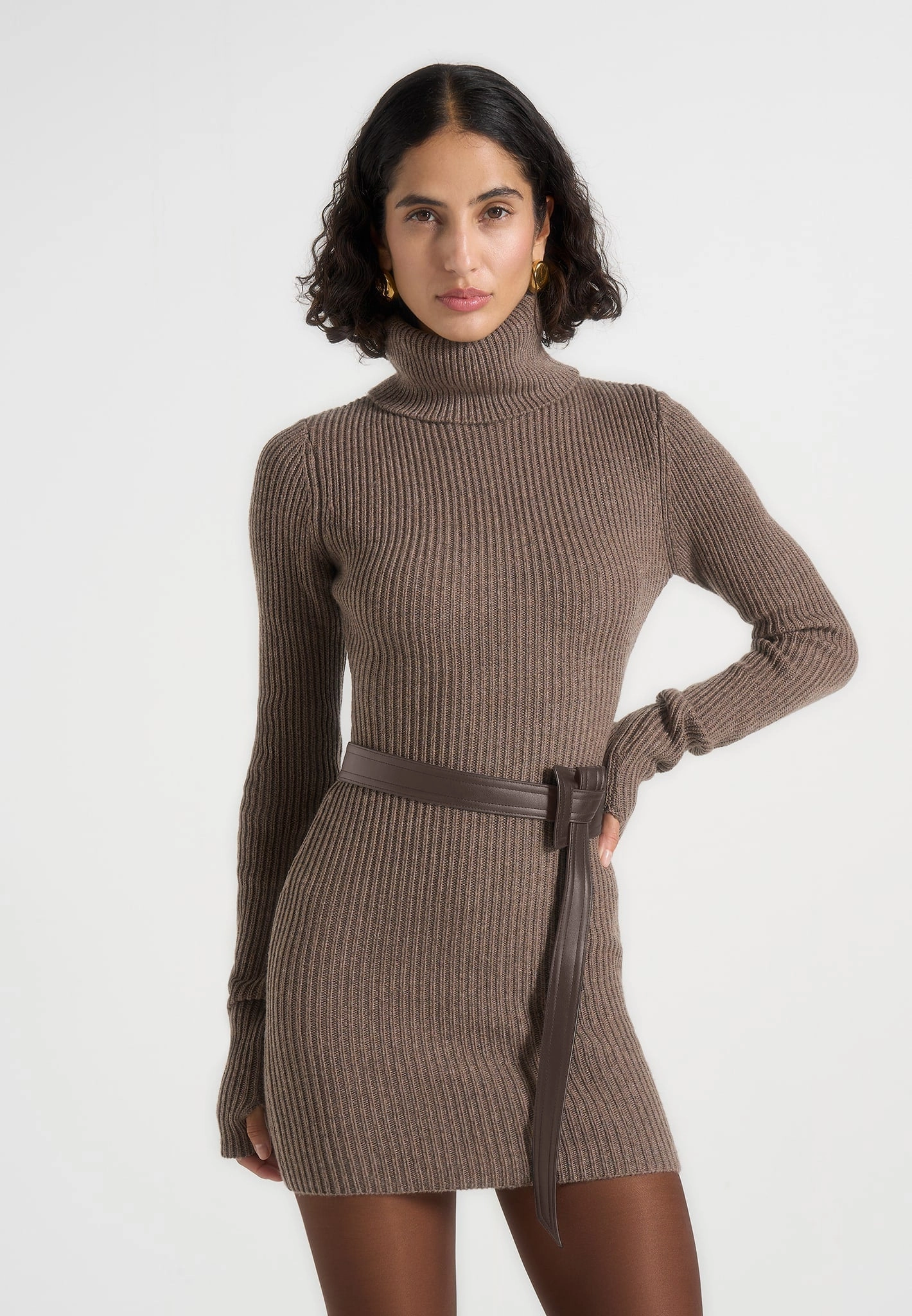 Daywear Fit Kalia - Roll Neck Knitted Mini Dress With Belt - Taupe