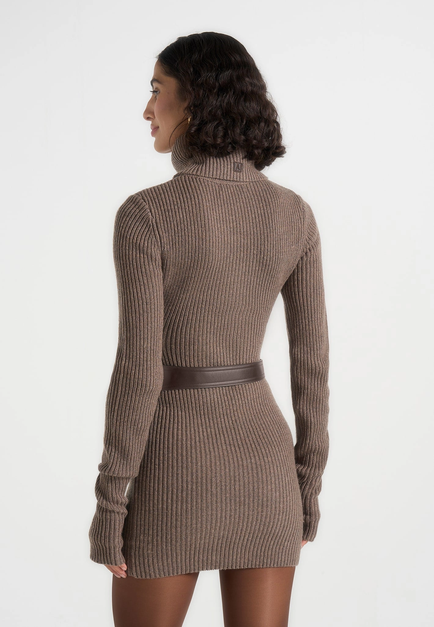 Stain Release Coating Walk In Park Kalia - Roll Neck Knitted Mini Dress With Belt - Taupe