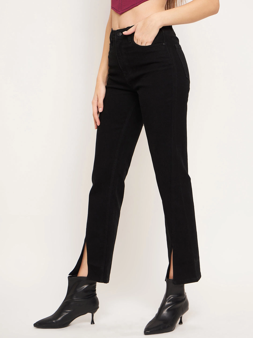 Fashion Lover Versatile On-the-Go Look Madame Front Slit High-Rise Straight Black Jeans