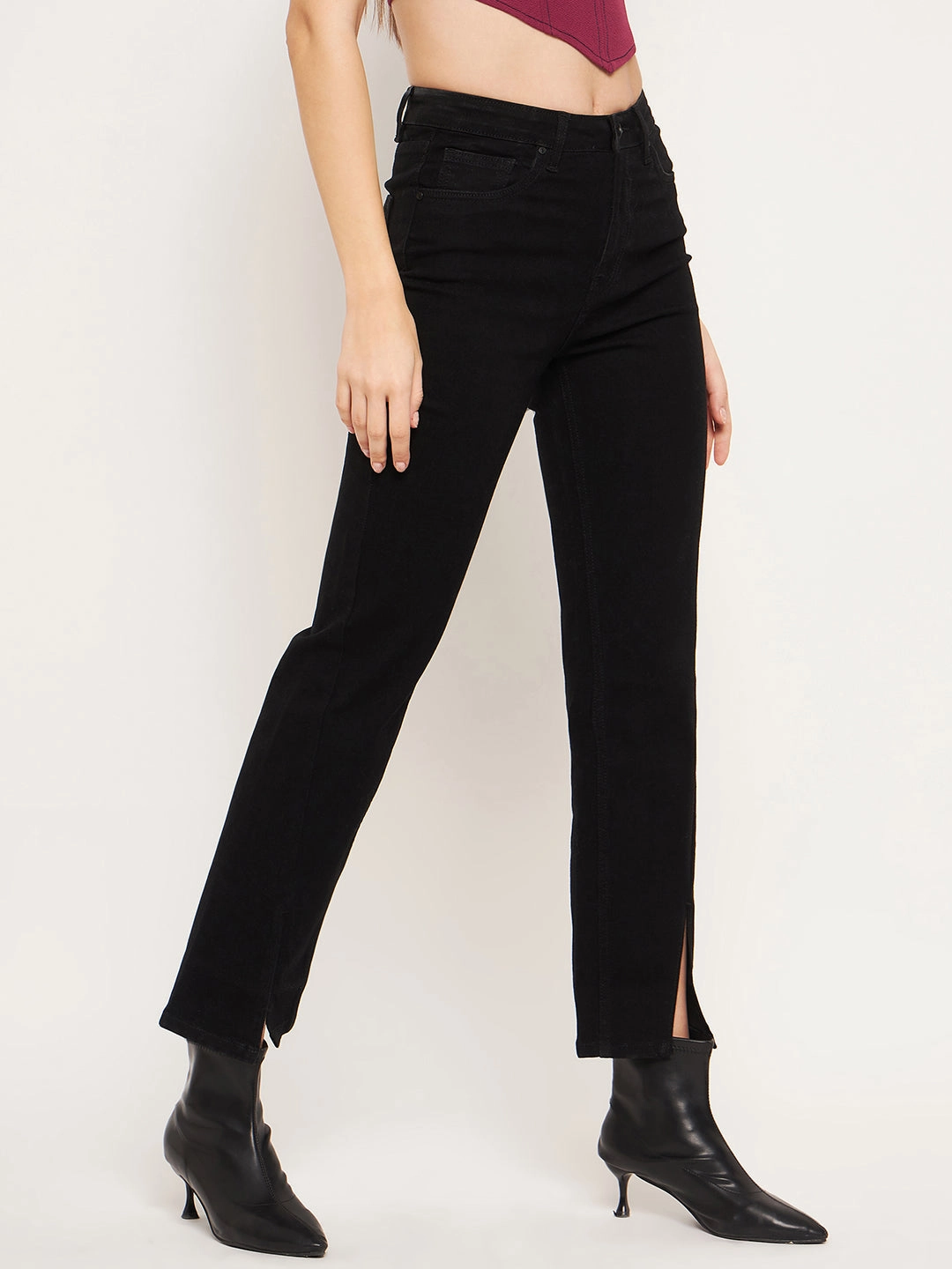Essential Basics Clean Outfit Madame Front Slit High-Rise Straight Black Jeans