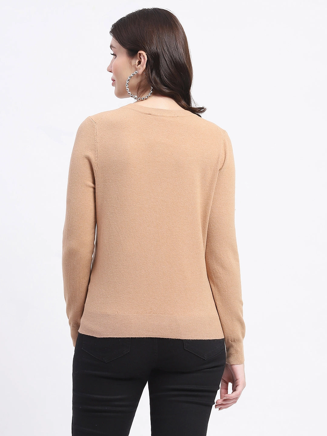 Light Stretch Wear Madame Crew Neck Brown Sweater