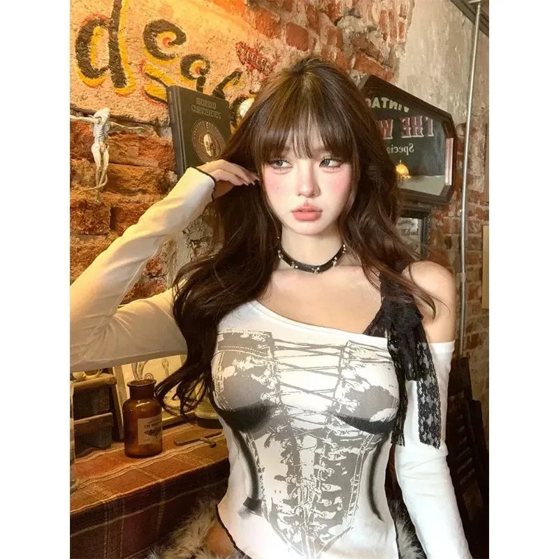 Vevesc Fashion Spliced Lace Off The Shoulder Design Shirts All Match American Vintage Gothic Print Harajuku Shirts Y2k Asymmetrical Top