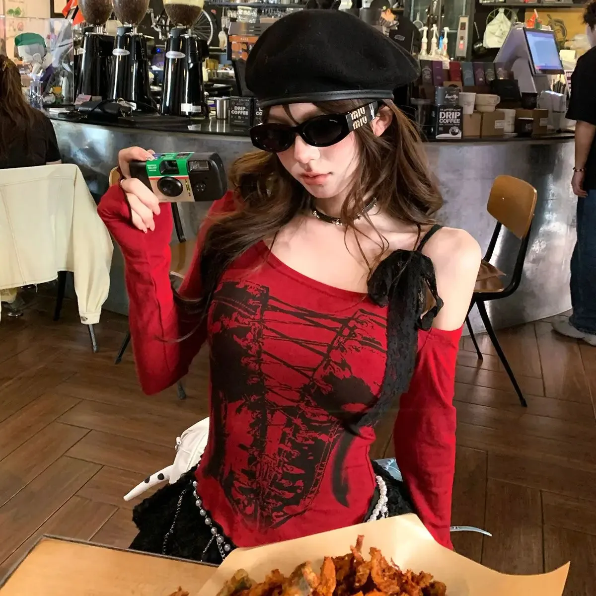 Vevesc Fashion Spliced Lace Off The Shoulder Design Shirts All Match American Vintage Gothic Print Harajuku Shirts Y2k Asymmetrical Top
