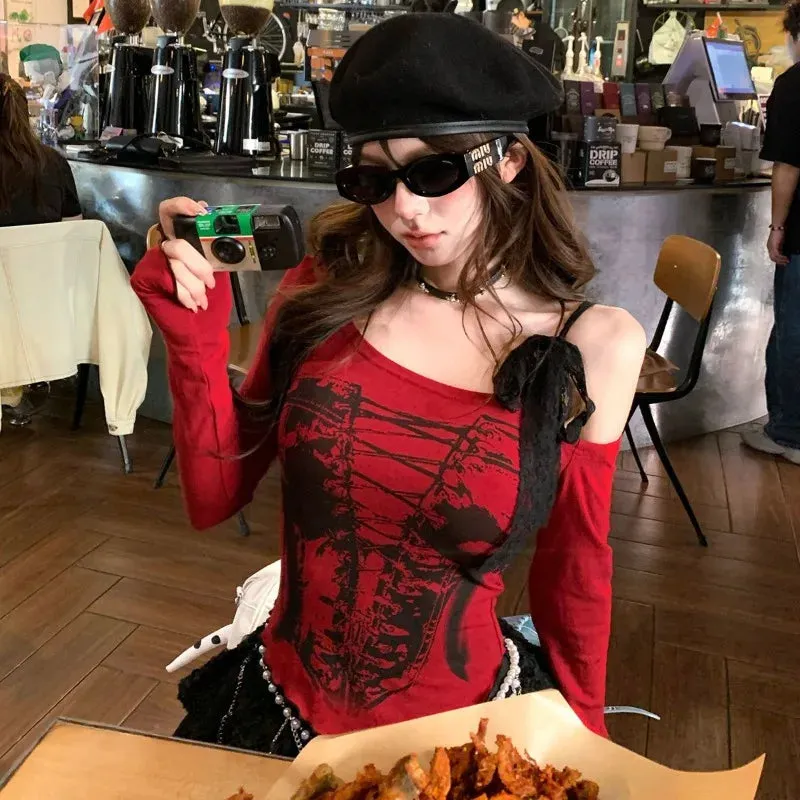 Vevesc Fashion Spliced Lace Off The Shoulder Design Shirts All Match American Vintage Gothic Print Harajuku Shirts Y2k Asymmetrical Top
