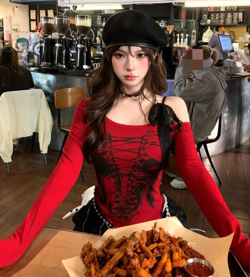Vevesc Fashion Spliced Lace Off The Shoulder Design Shirts All Match American Vintage Gothic Print Harajuku Shirts Y2k Asymmetrical Top