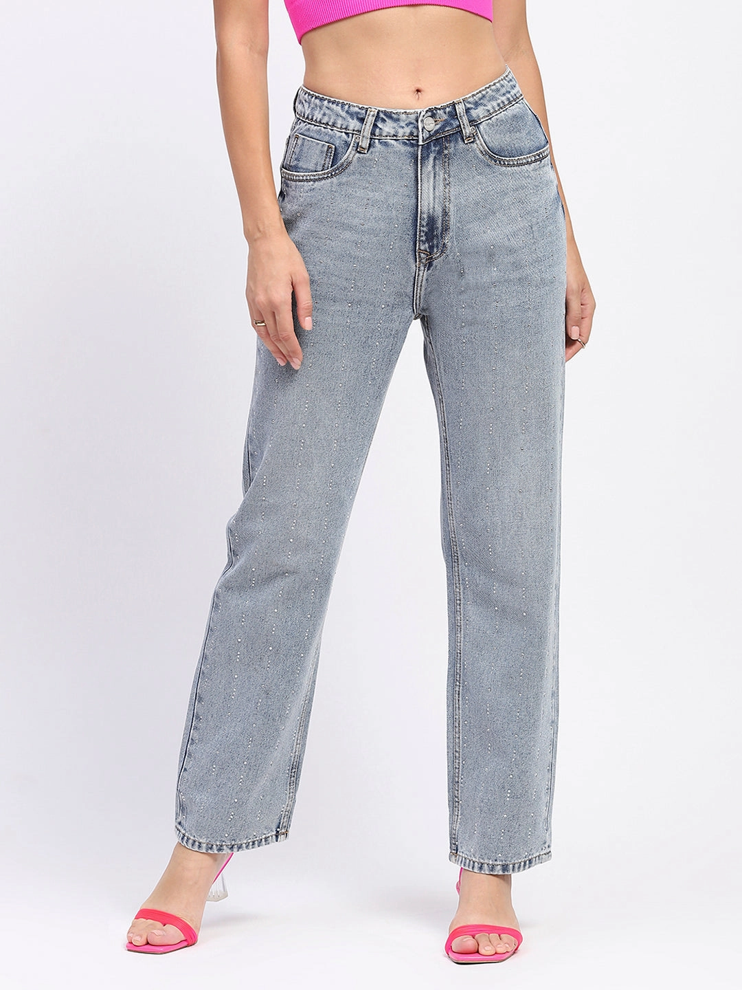 Madame Light Wash Embellished Light Blue Cotton Denim Slim Smooth Daily Uniform