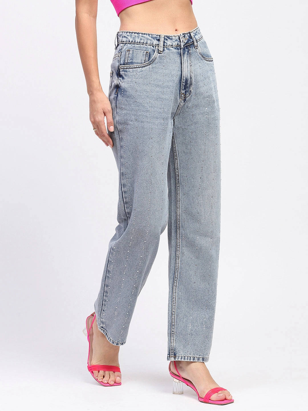 Textured Party Look Soft Spring Attire Madame Light Wash Embellished Light Blue Cotton Denim