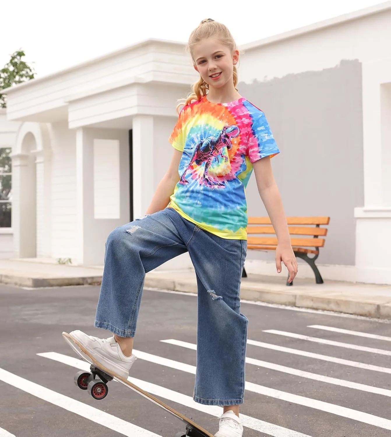 Vieille Kids Tie Dye Shirt Girls Boys Short Sleeve T-Shirts Hippies Senior Tees Tops 7-12 Years