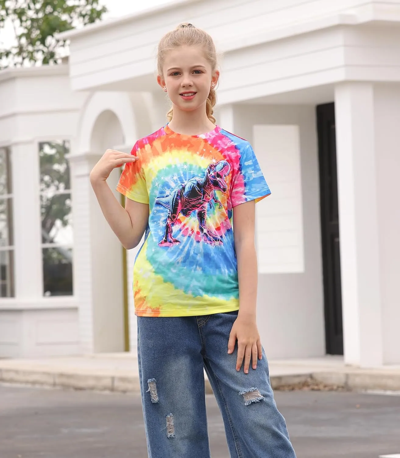 Vieille Kids Tie Dye Shirt Girls Boys Short Sleeve T-Shirts Hippies Senior Tees Tops 7-12 Years