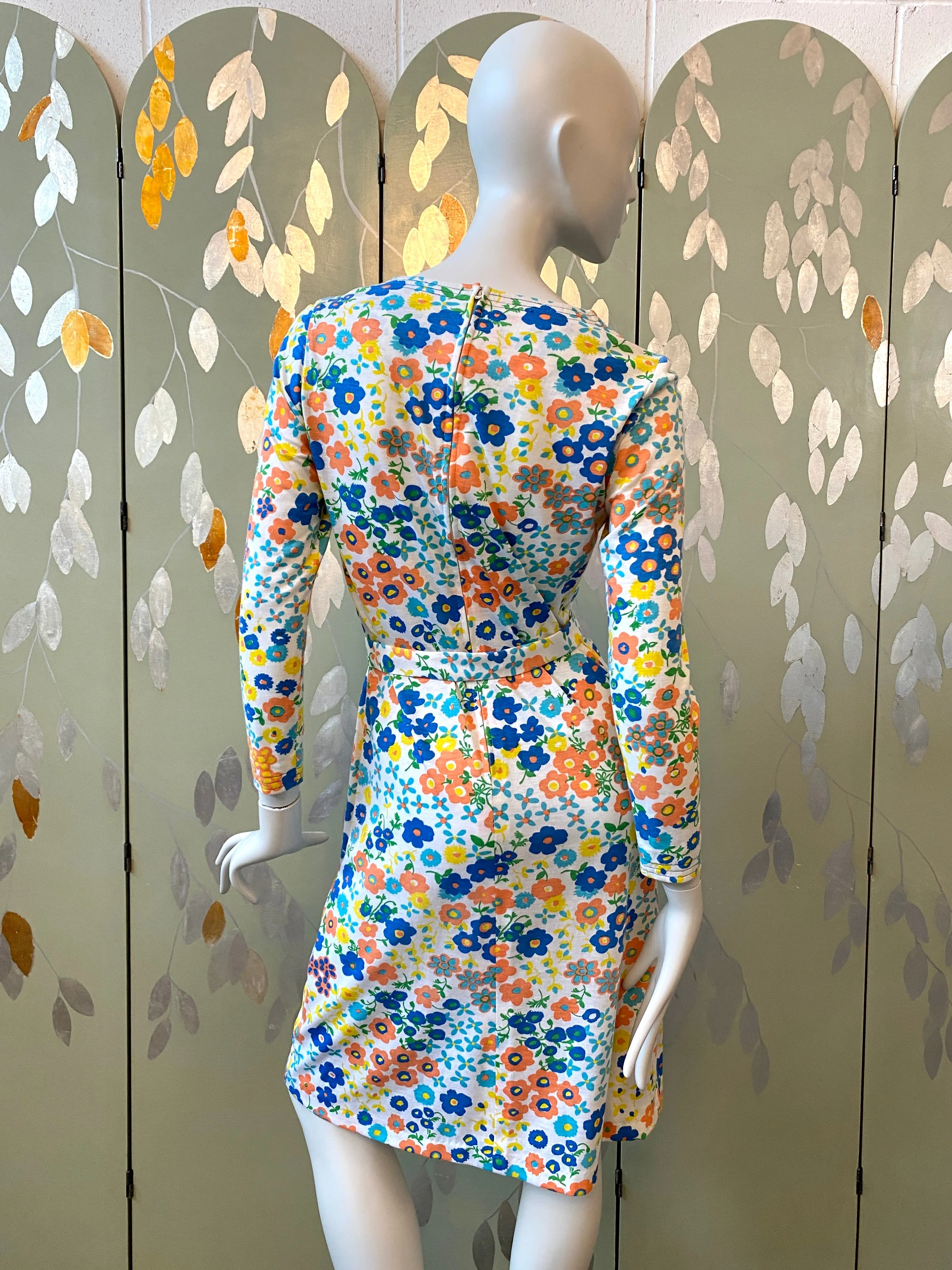 Vintage 1970s Floral Jersey Dress with Belt, S-M