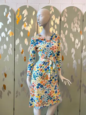Vintage 1970s Floral Jersey Dress with Belt, S-M