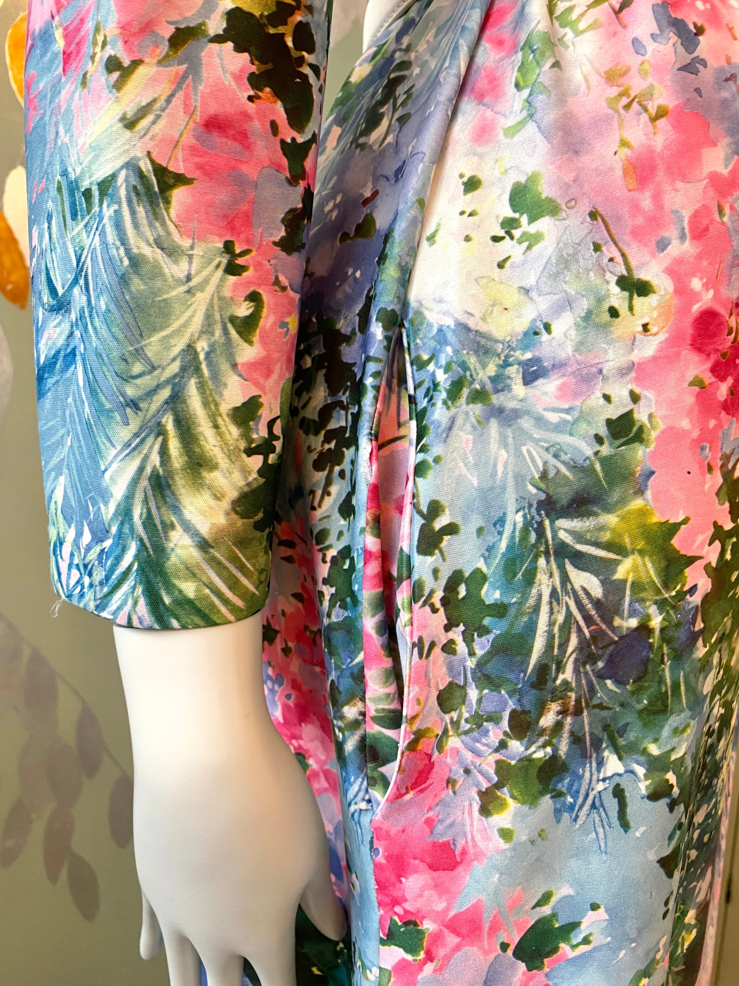 Vintage 1970s Pink & Blue Watercolour Floral Lounge Dress, Large