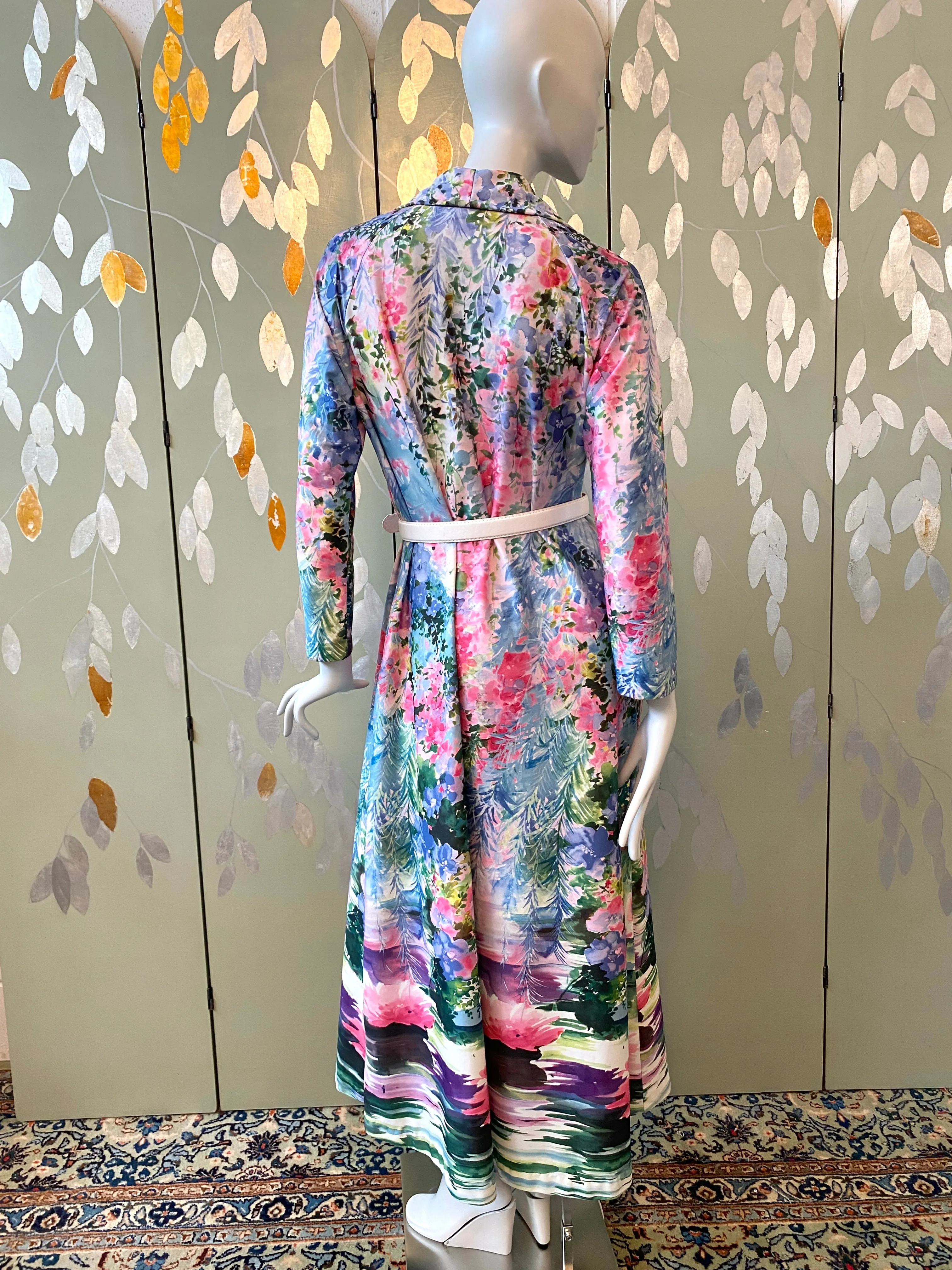 Vintage 1970s Pink & Blue Watercolour Floral Lounge Dress, Large