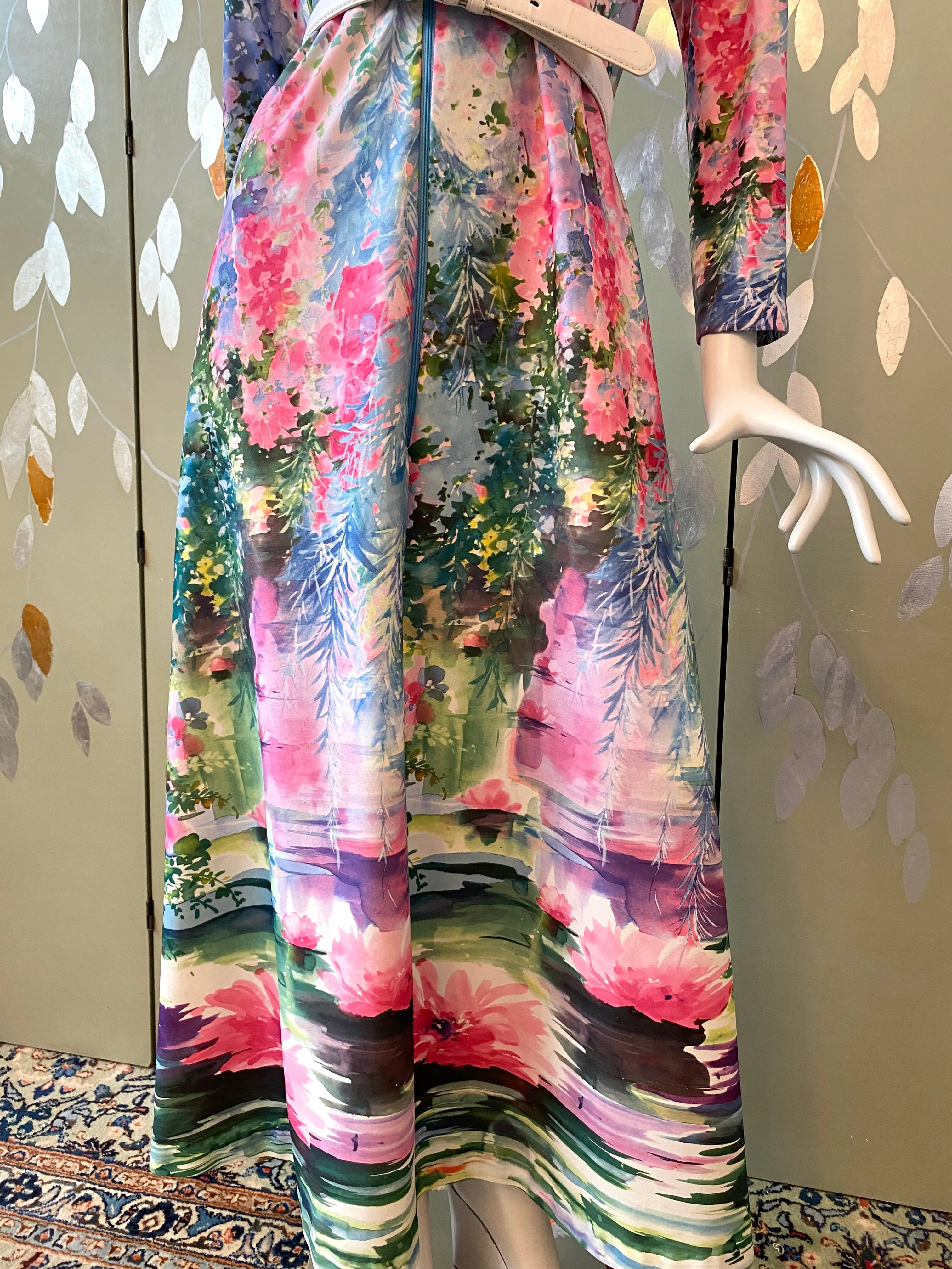 Vintage 1970s Pink & Blue Watercolour Floral Lounge Dress, Large