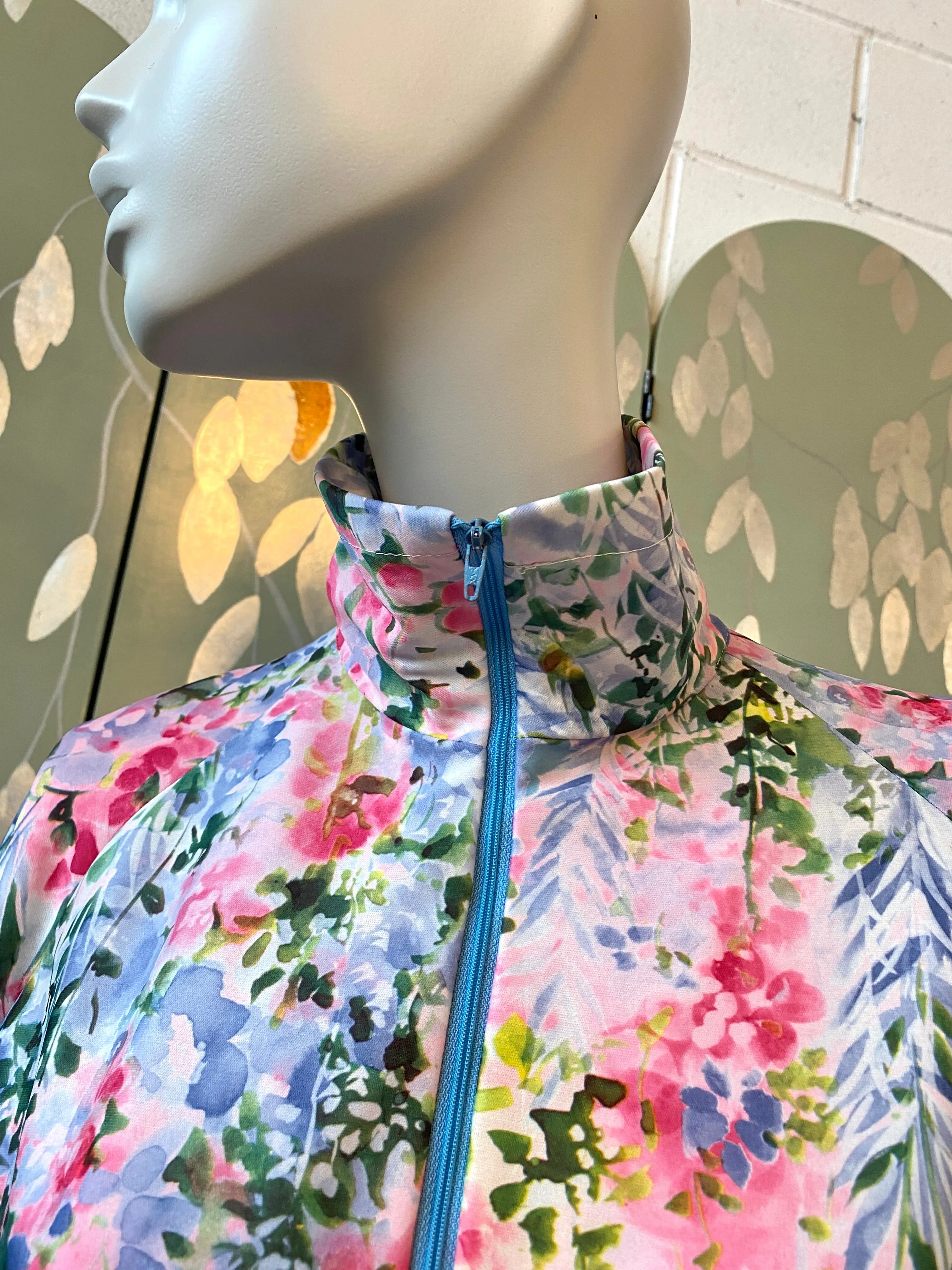 Vintage 1970s Pink & Blue Watercolour Floral Lounge Dress, Large