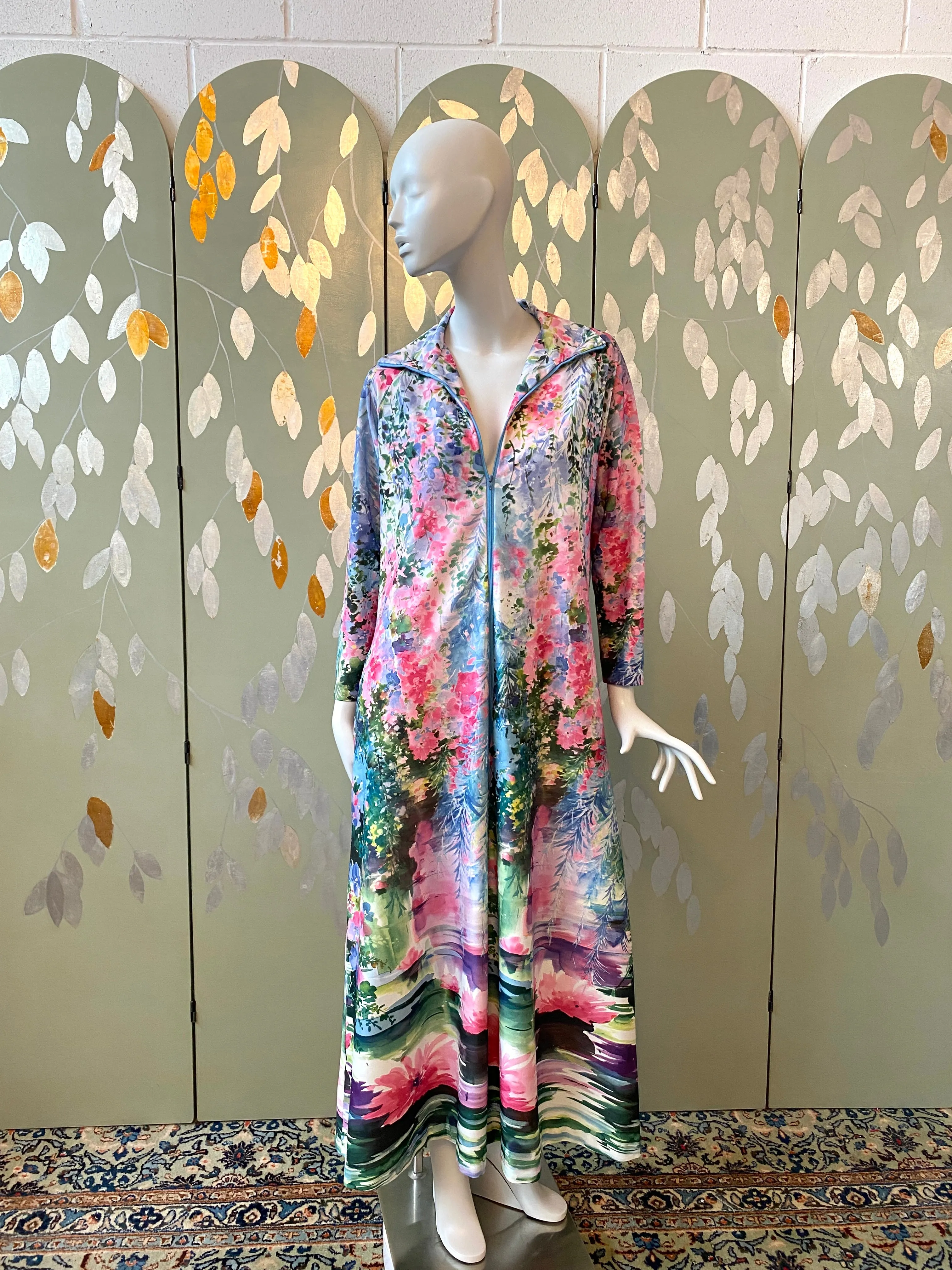 Vintage 1970s Pink & Blue Watercolour Floral Lounge Dress, Large
