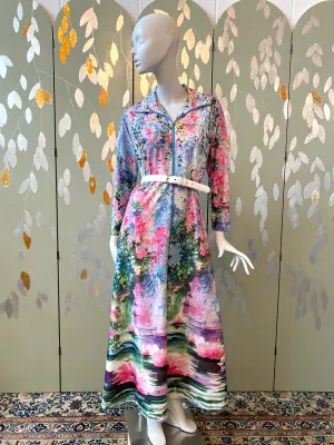 Vintage 1970s Pink & Blue Watercolour Floral Lounge Dress, Large
