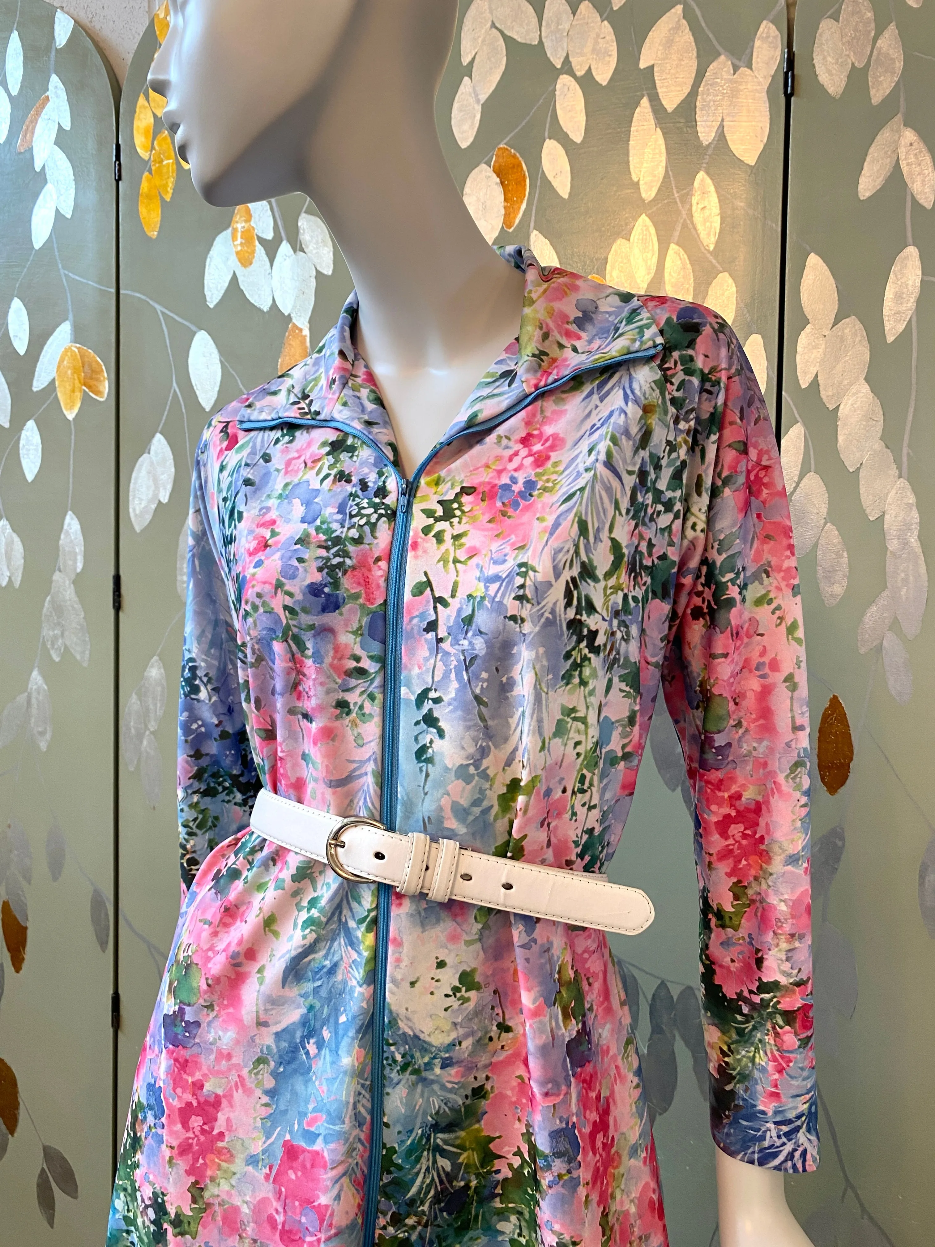 Vintage 1970s Pink & Blue Watercolour Floral Lounge Dress, Large