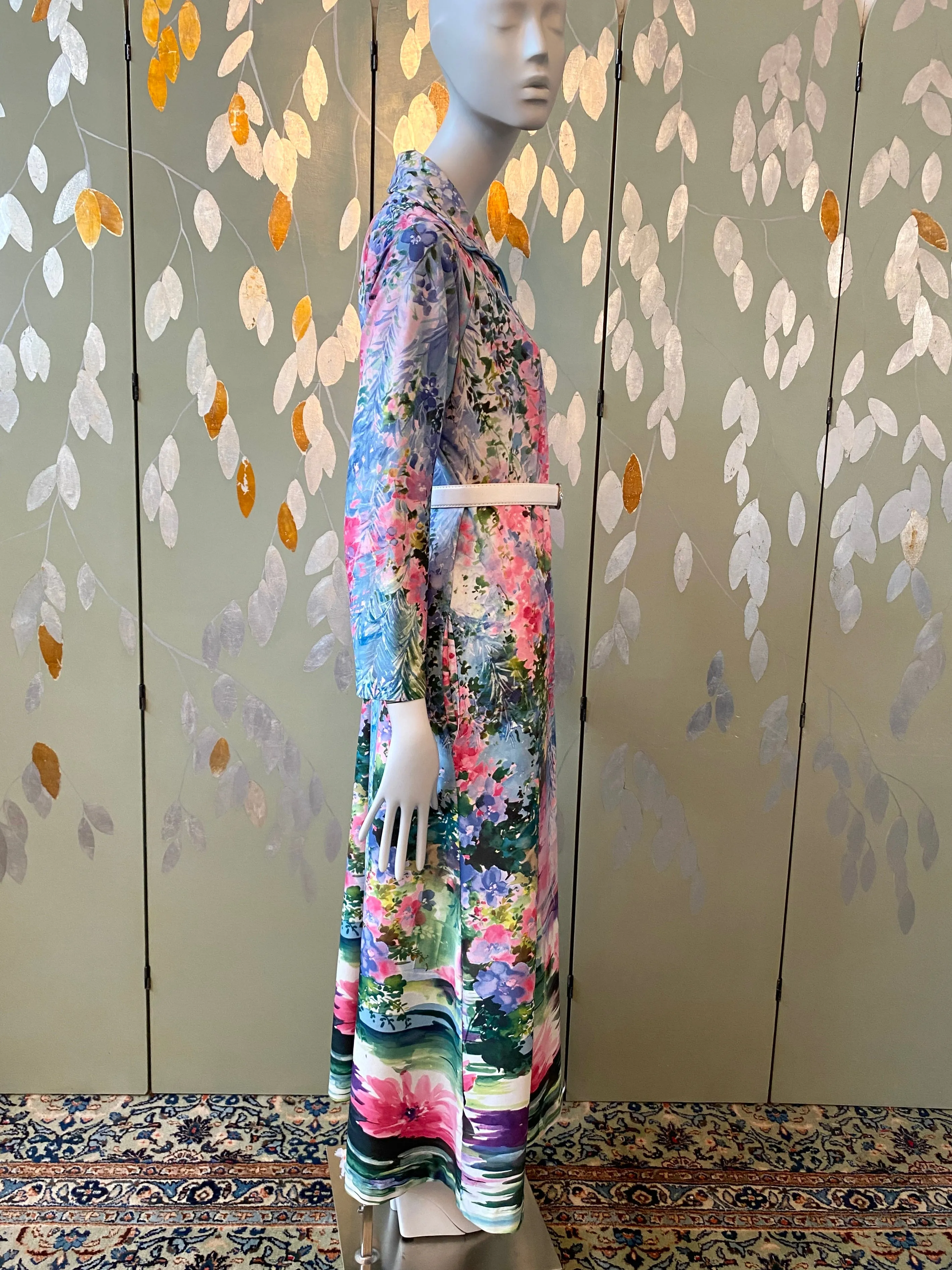 Vintage 1970s Pink & Blue Watercolour Floral Lounge Dress, Large