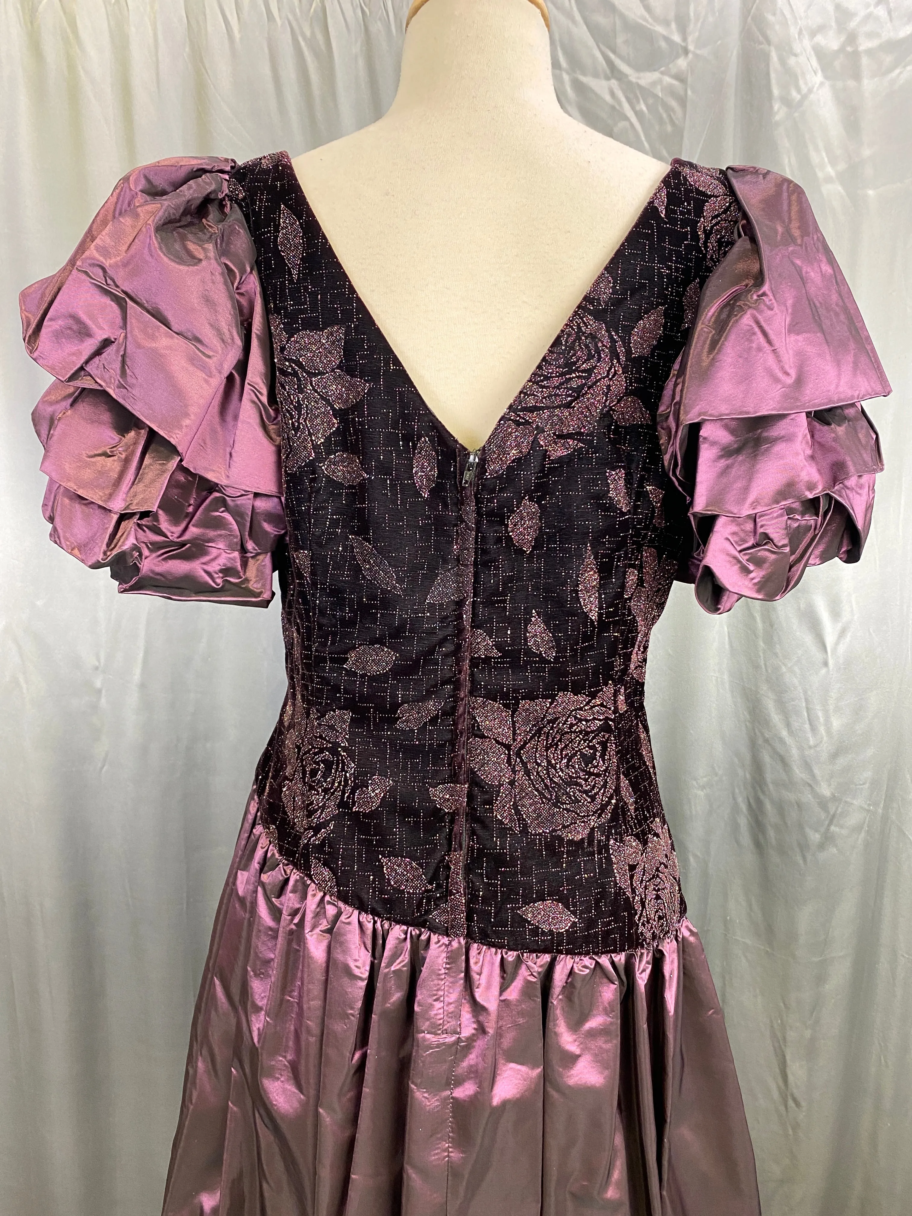 Vintage 1980s Purple Velvet & Taffeta Prom/ Party Dress, Floral Sparkle Bodice, Medium