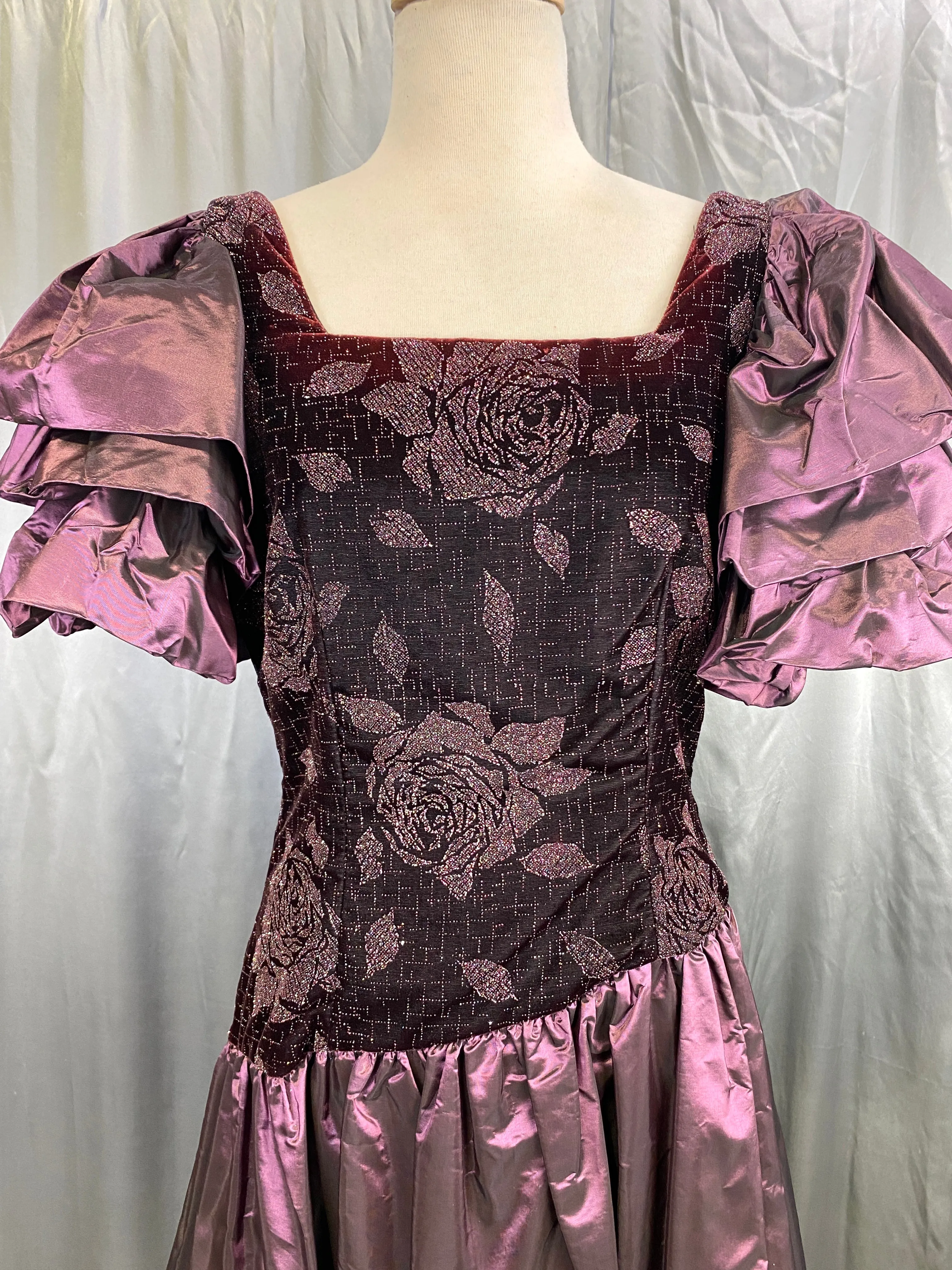 Vintage 1980s Purple Velvet & Taffeta Prom/ Party Dress, Floral Sparkle Bodice, Medium