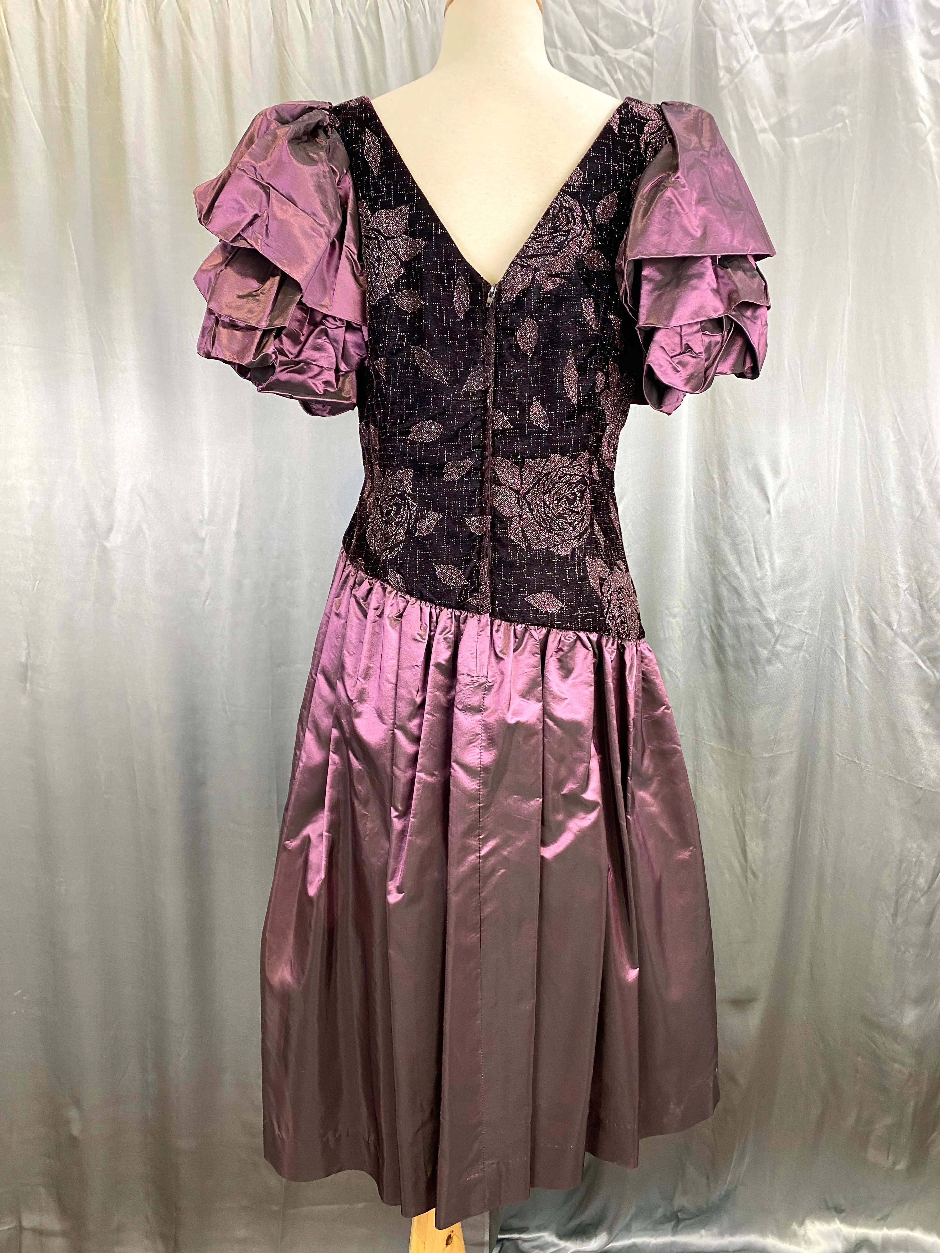 Vintage 1980s Purple Velvet & Taffeta Prom/ Party Dress, Floral Sparkle Bodice, Medium