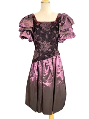 Vintage 1980s Purple Velvet & Taffeta Prom/ Party Dress, Floral Sparkle Bodice, Medium