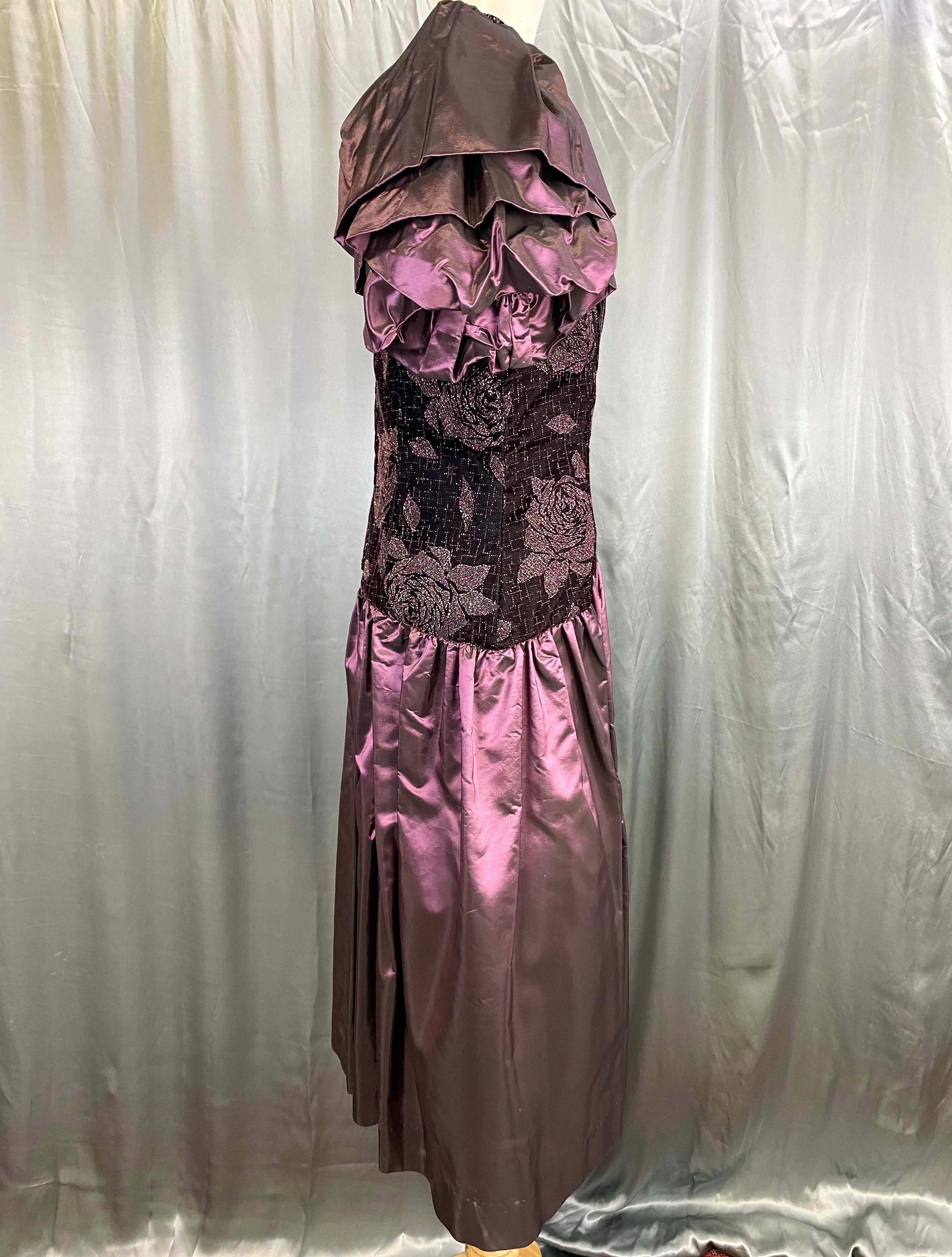 Vintage 1980s Purple Velvet & Taffeta Prom/ Party Dress, Floral Sparkle Bodice, Medium