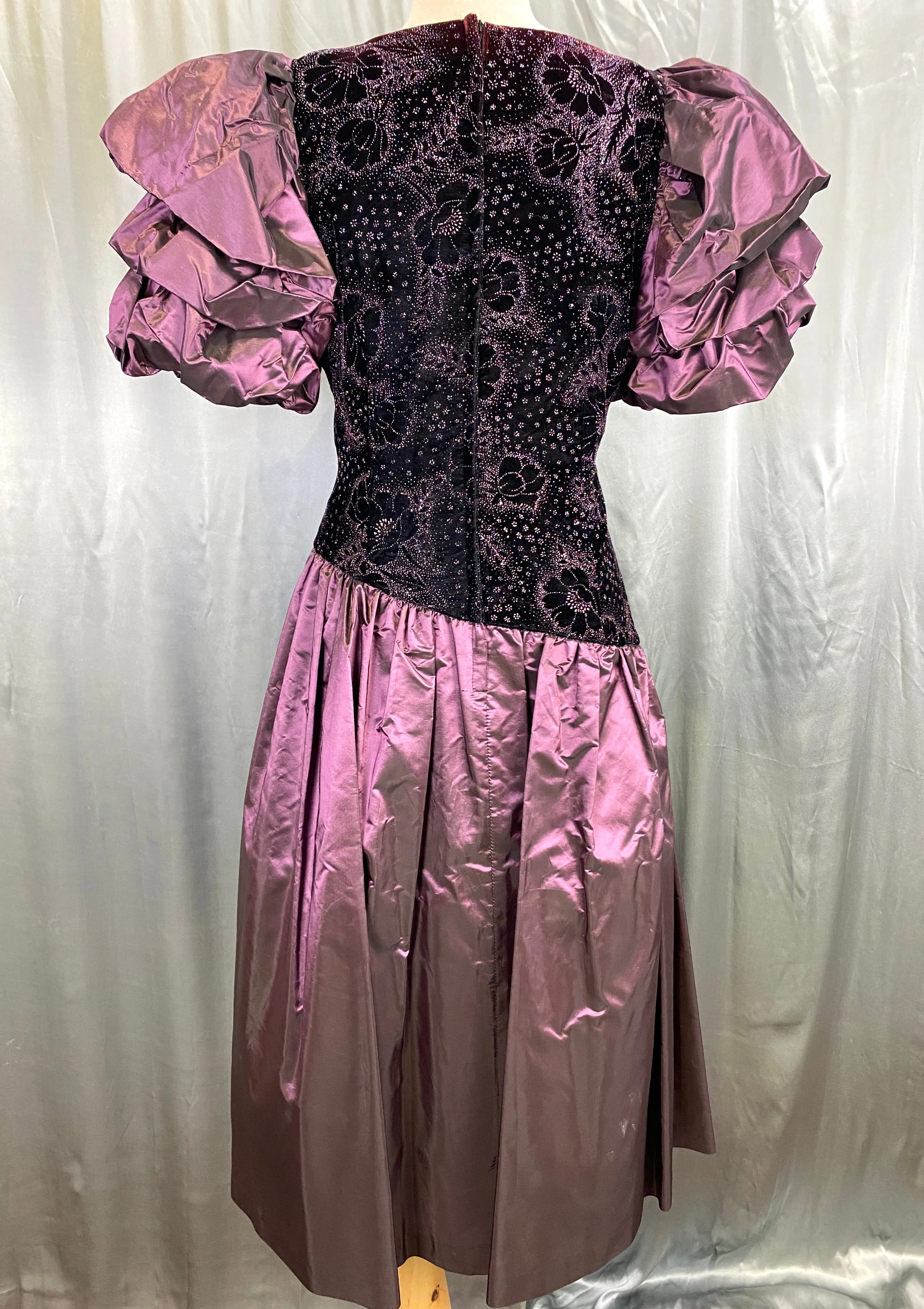 Vintage 1980s Purple Velvet & Taffeta Prom/Party Dress, Floral Sparkle Bodice, S-M