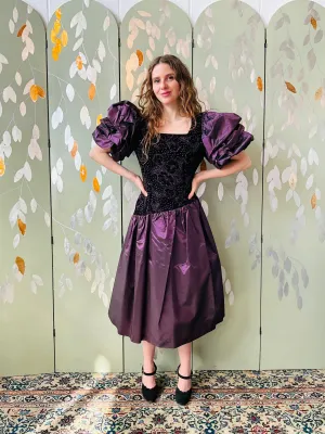 Vintage 1980s Purple Velvet & Taffeta Prom/Party Dress, Floral Sparkle Bodice, S-M