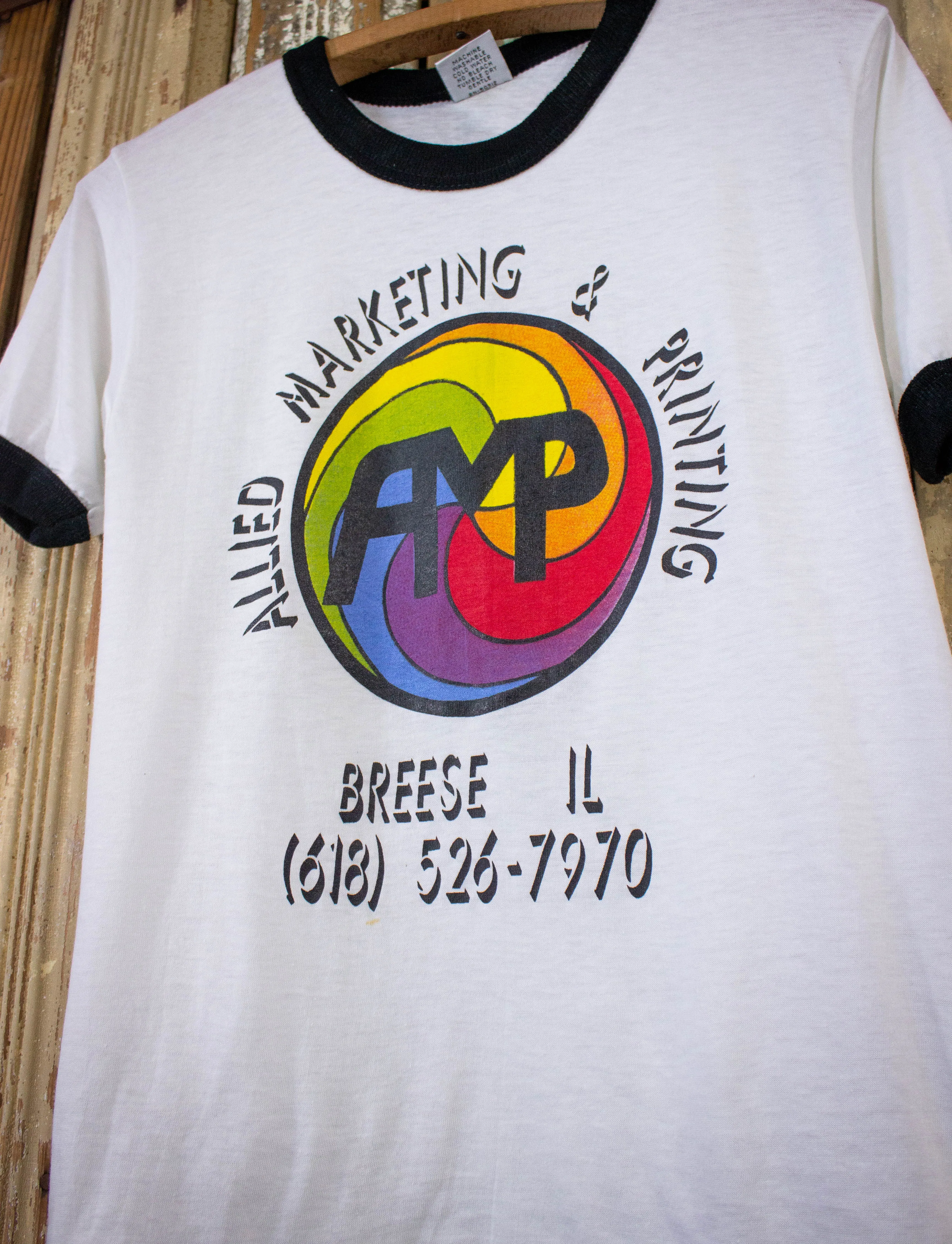 Vintage Allied Marketing & Printing Ringer Graphic T Shirt 80s White/Black Small