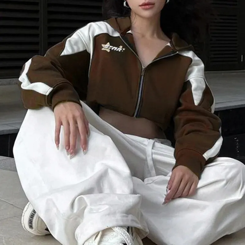 Vintage Brown Hoodies Zip-Up Coat