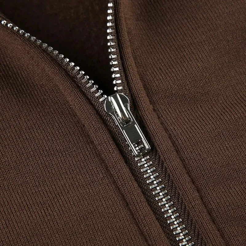 Vintage Brown Hoodies Zip-Up Coat