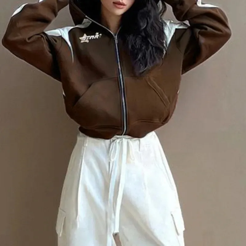 Vintage Brown Hoodies Zip-Up Coat